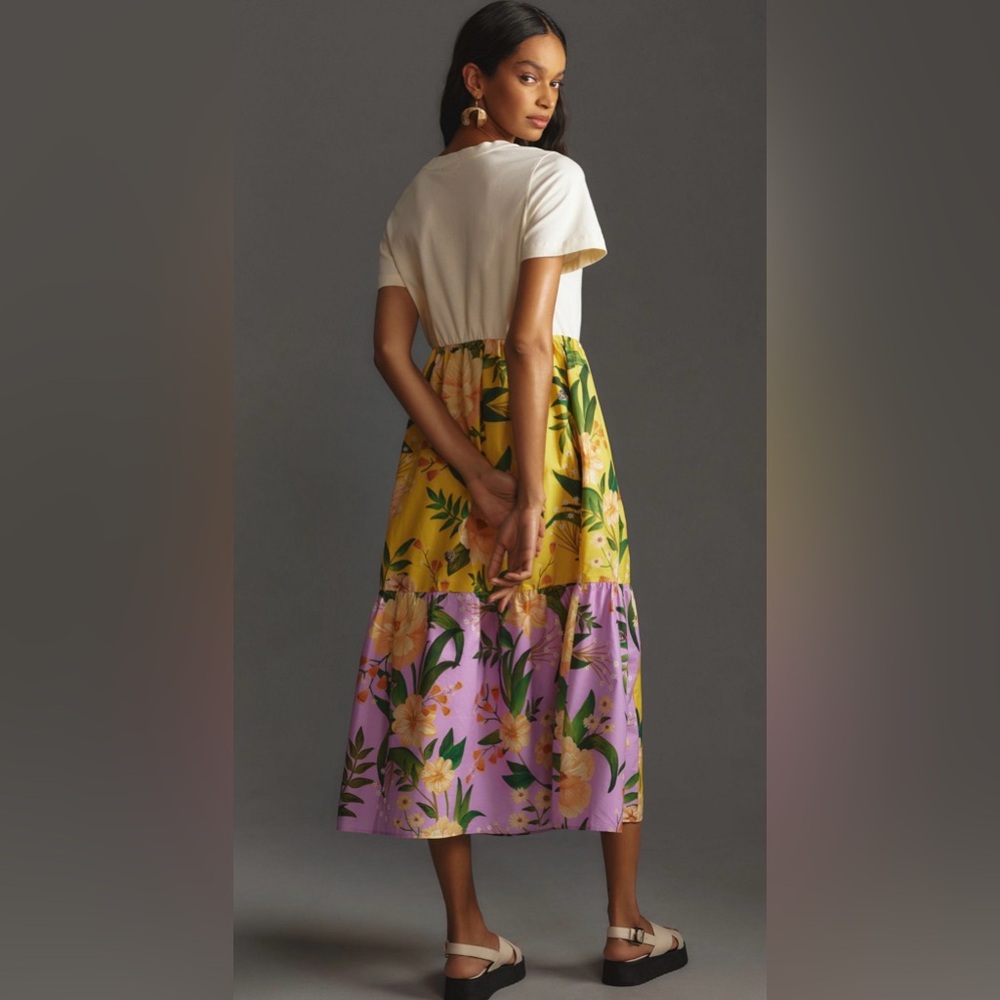 Farm Rio 100% Cotton Tiered Maxi Shirt Dress yellow floral motif Large Petite - Picture 4 of 16